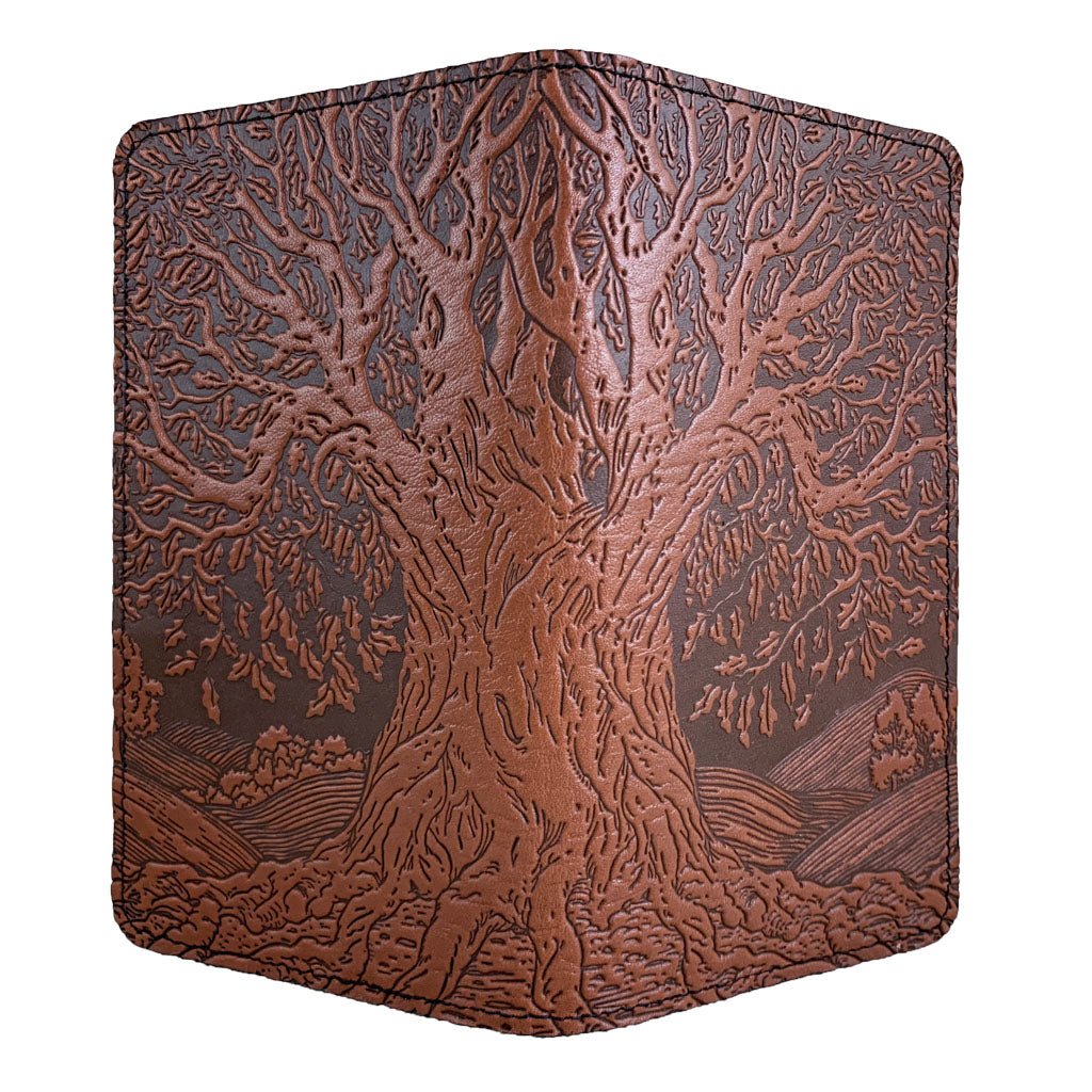 Oberon Design Large Leather Smartphone Wallet, Tree of Life, Saddle, Open