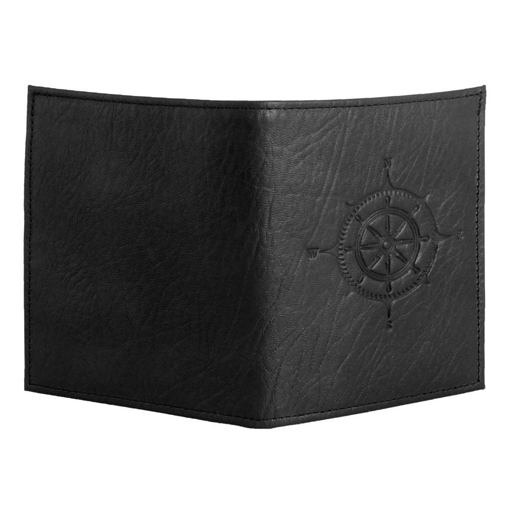 Oberon Design Genuine Leather Traveler Passport Wallet, Compass Rose, Black - Open