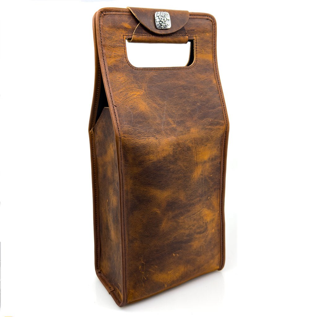 Limited Edition Rustic Leather Wine Bottle Carrier Bag, Single or Double Bottle, Hard Times in Copper