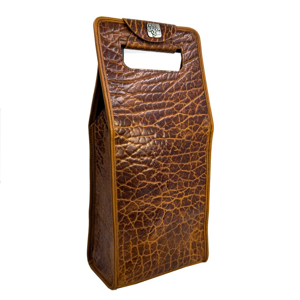 wine bottle carrier bag in glazed shrunk bison leather model with wine bottle