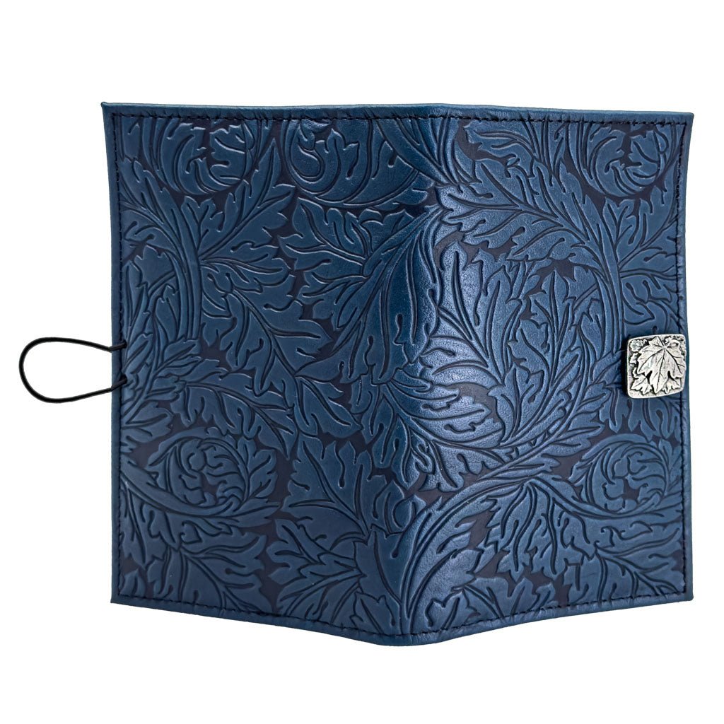 Oberon Design Premium Leather Women&#39;s Wallet, Acanthus Leaf, Navy, Open