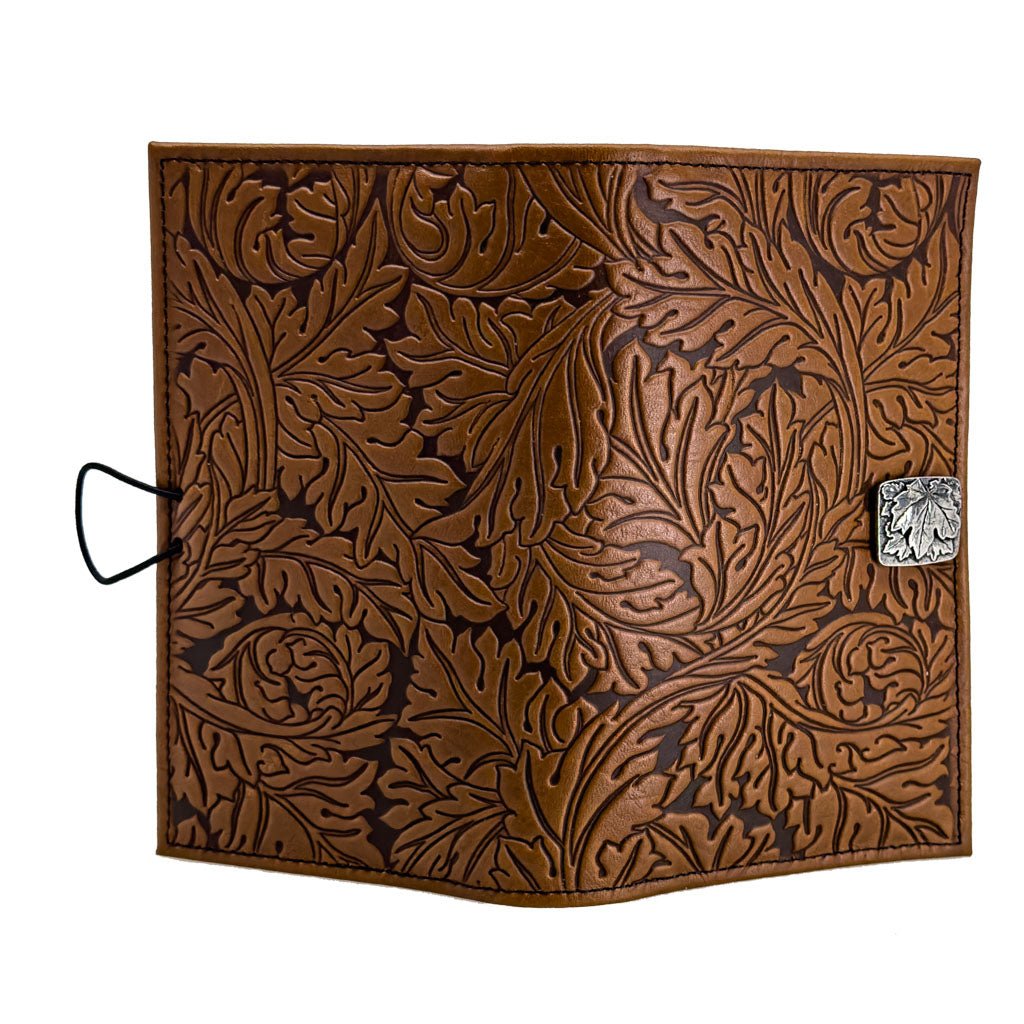 Oberon Design Premium Leather Women&#39;s Wallet, Acanthus Leaf, Saddle - Open