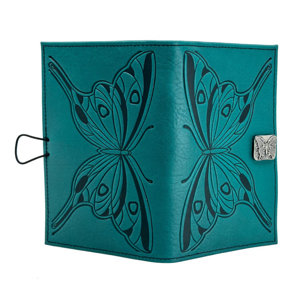 Oberon Design Premium Leather Women&#39;s Wallet, Butterfly, Teal, Open