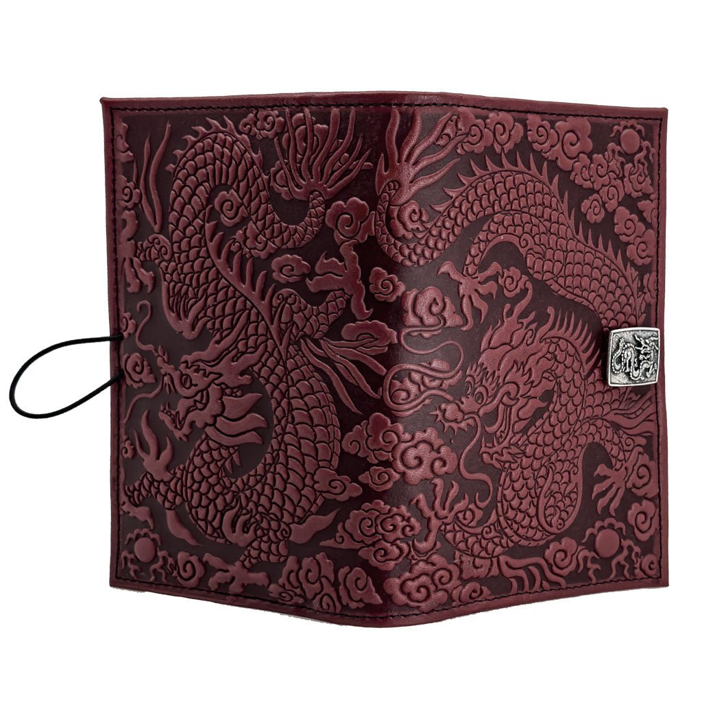 Oberon Design Premium Leather Women&#39;s Wallet, Cloud Dragon, Wine, Open