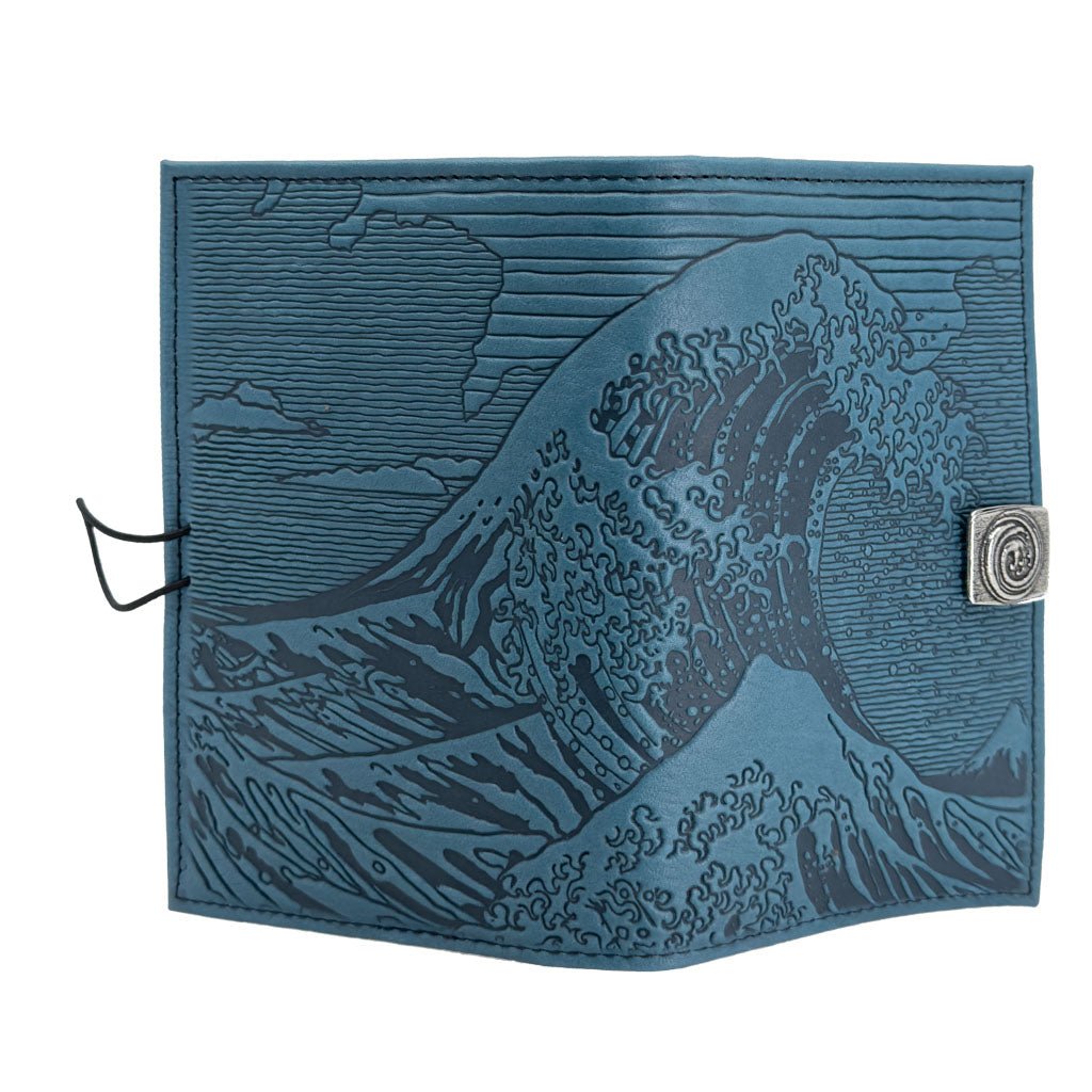 Oberon Design Premium Leather Women&#39;s Wallet, Hokusai Wave, Blue, Open