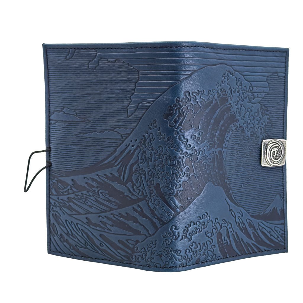 Oberon Design Premium Leather Women&#39;s Wallet, Hokusai Wave, Navy, Open