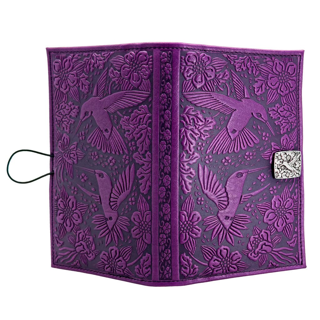 Oberon Design Premium Leather Women&#39;s Wallet, Hummingbirds, Orchid - Open