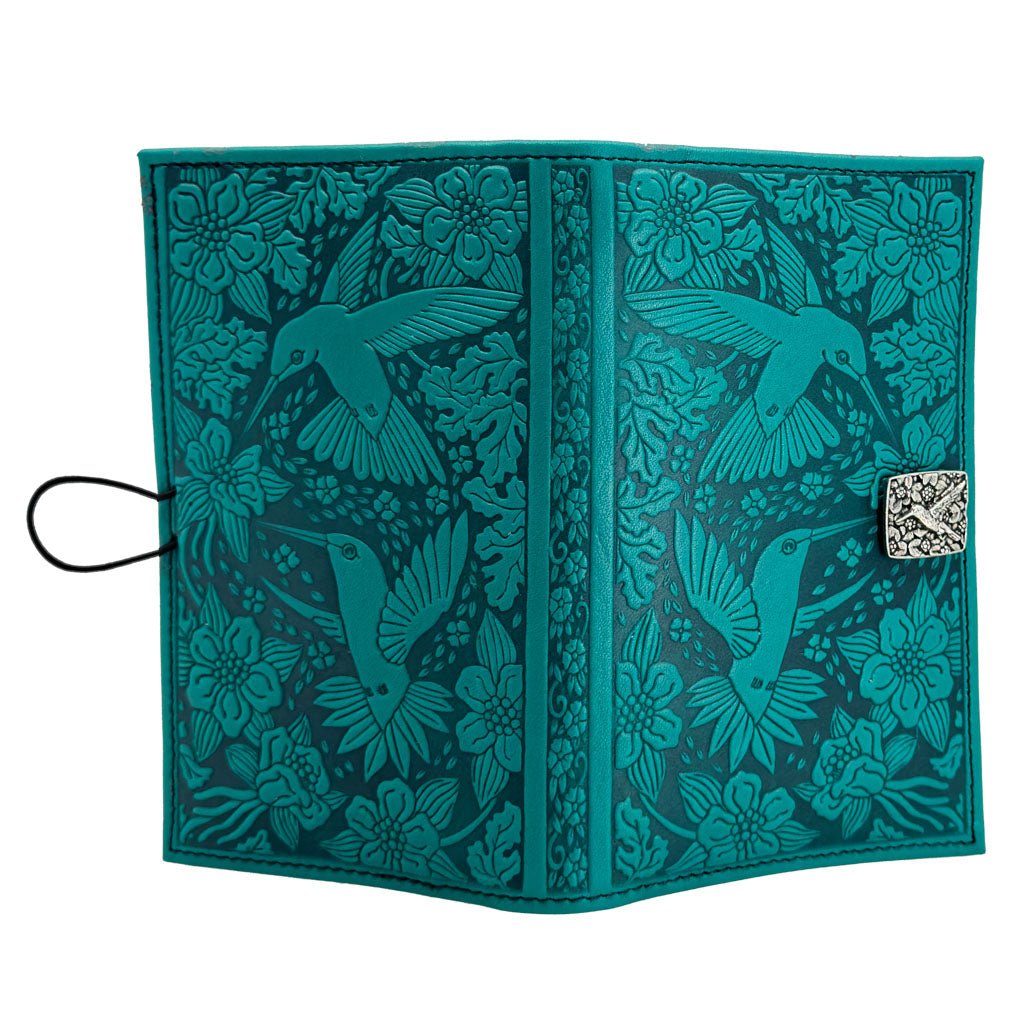 Oberon Design Premium Leather Women&#39;s Wallet, Hummingbirds, Teal, Open