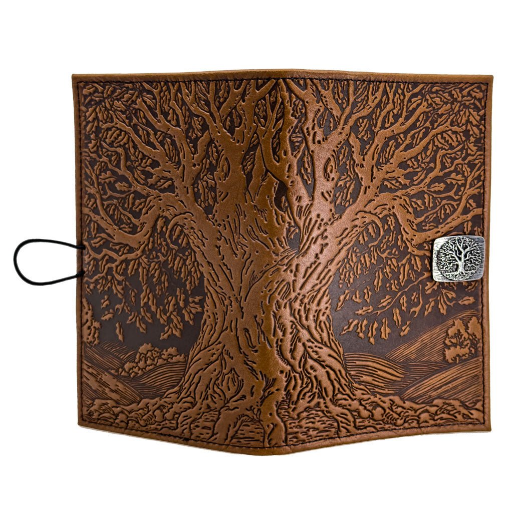 Oberon Design Premium Leather Women&#39;s Wallet, Tree of Life, Saddle - Open