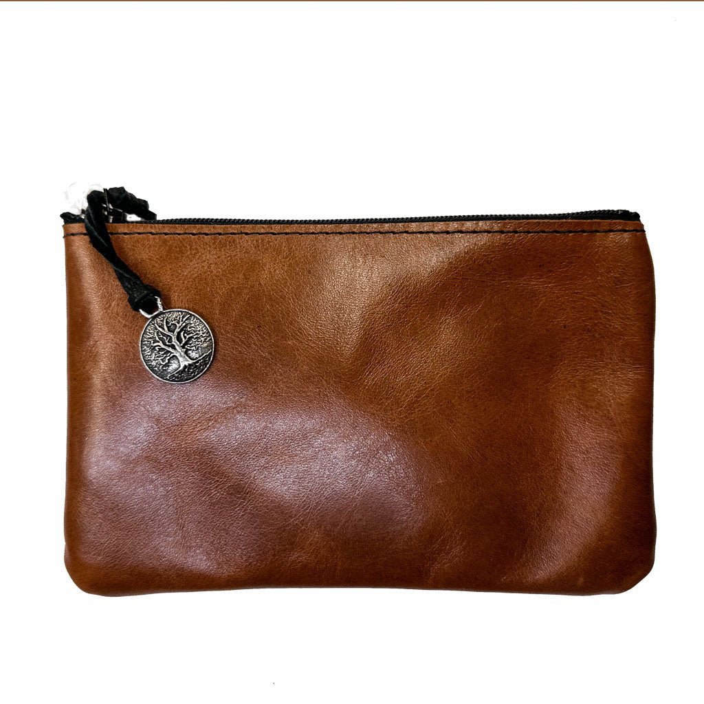 Leather 6 inch Zipper Pouch, Wallet, Coin Purse in Acorn Color