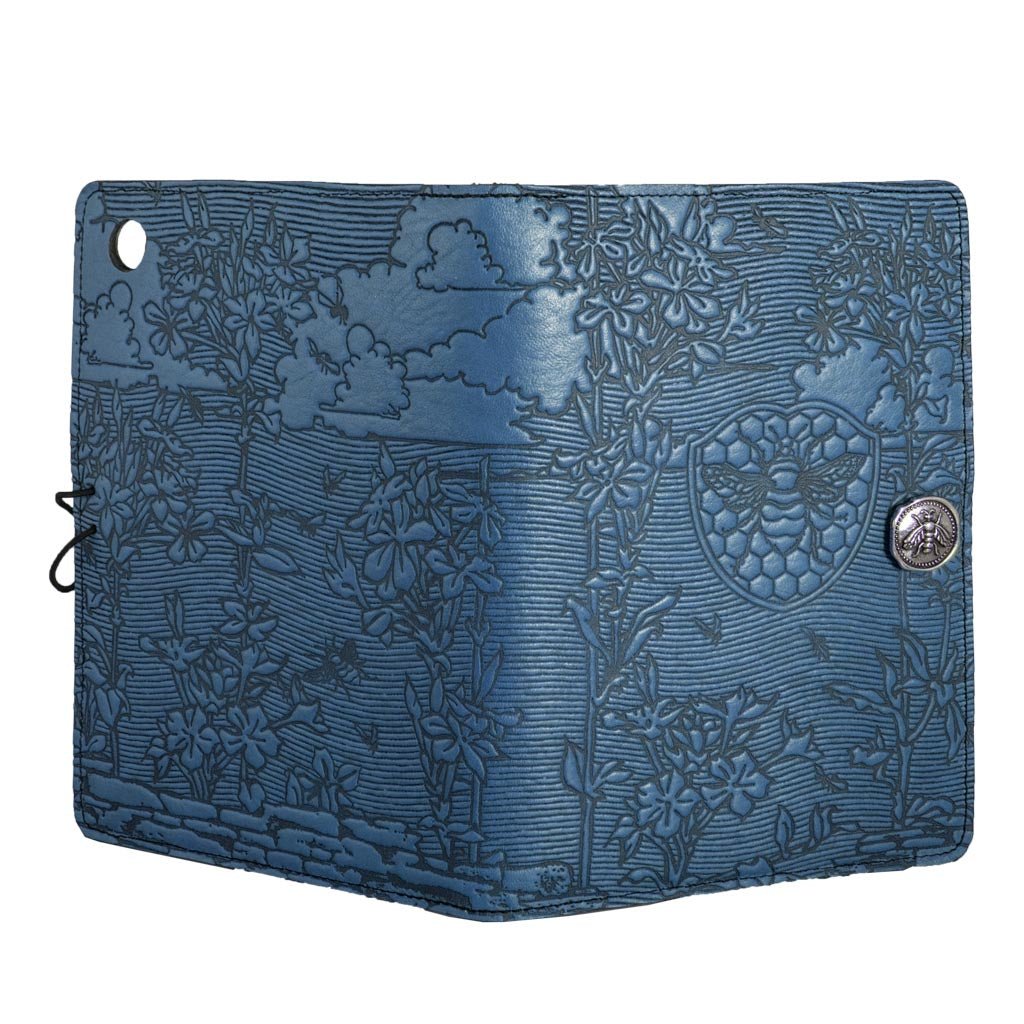 Oberon Design Leather iPad Mini Cover, Case, Bee Garden, Blue - Open