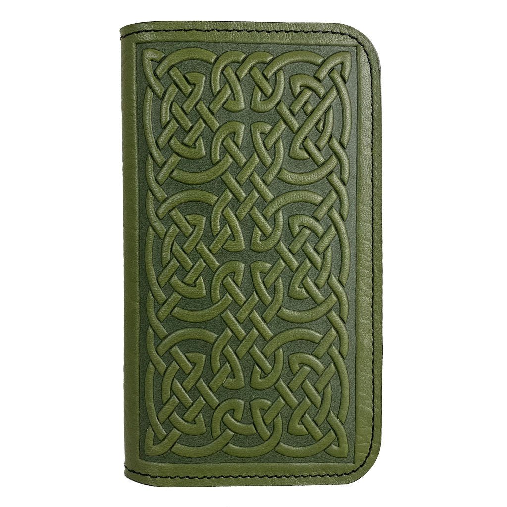 Oberon Design Bold Celtic Leather Wallet Folio Case for iPhones, Fern