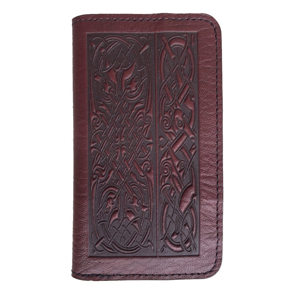 Oberon Design Celtic Hounds Leather Wallet Folio Case for iPhones, Wine