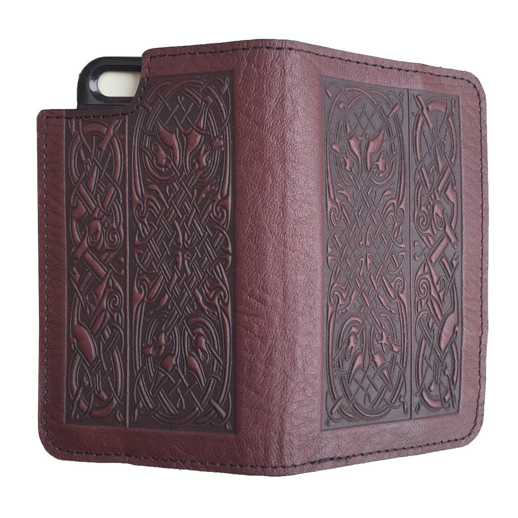 Oberon Design Leather Wallet Folio Case for iPhonesSE, Celtic Hounds, Open