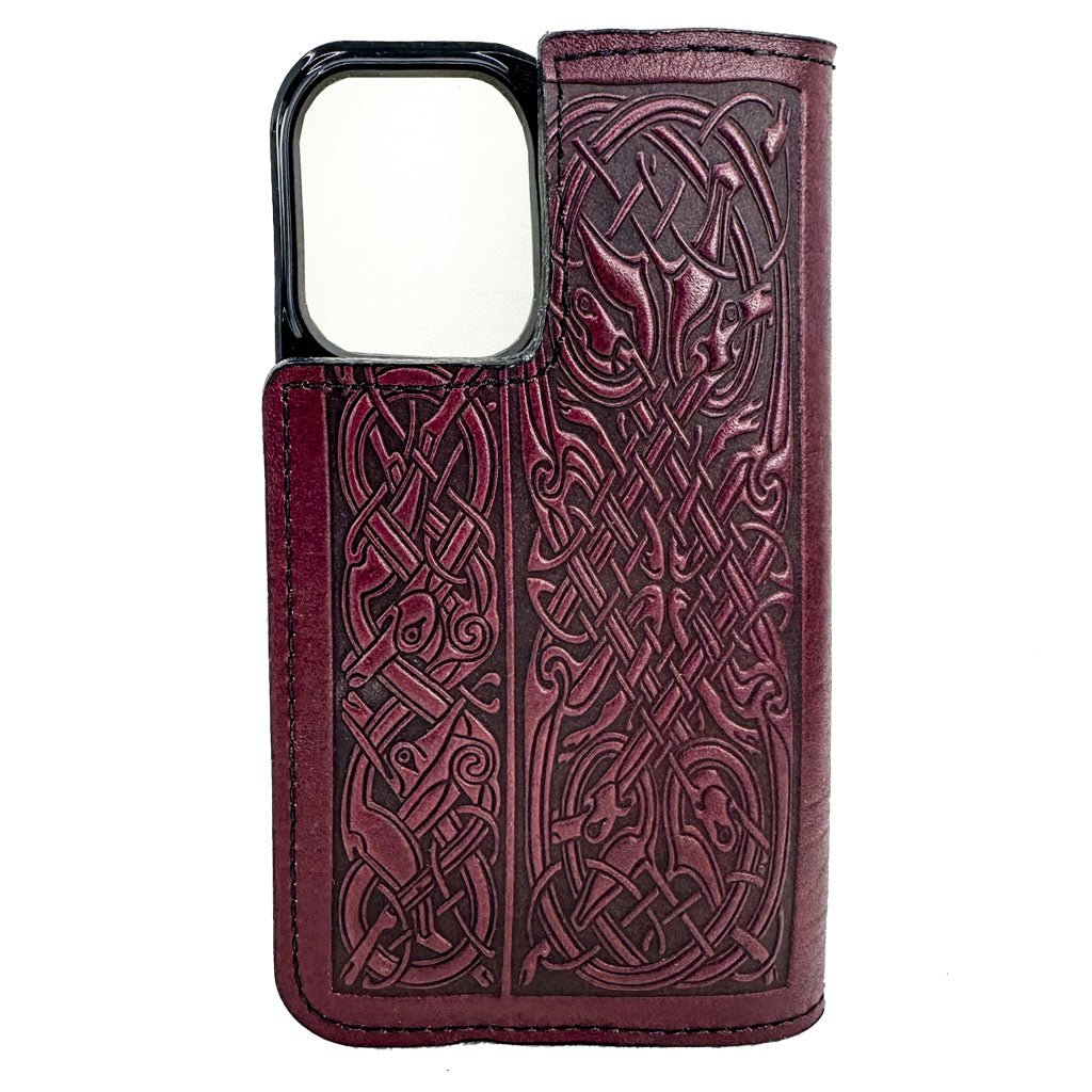 Oberon Design Celtic Hounds Leather Wallet Folio Case for iPhones, WIne, Back