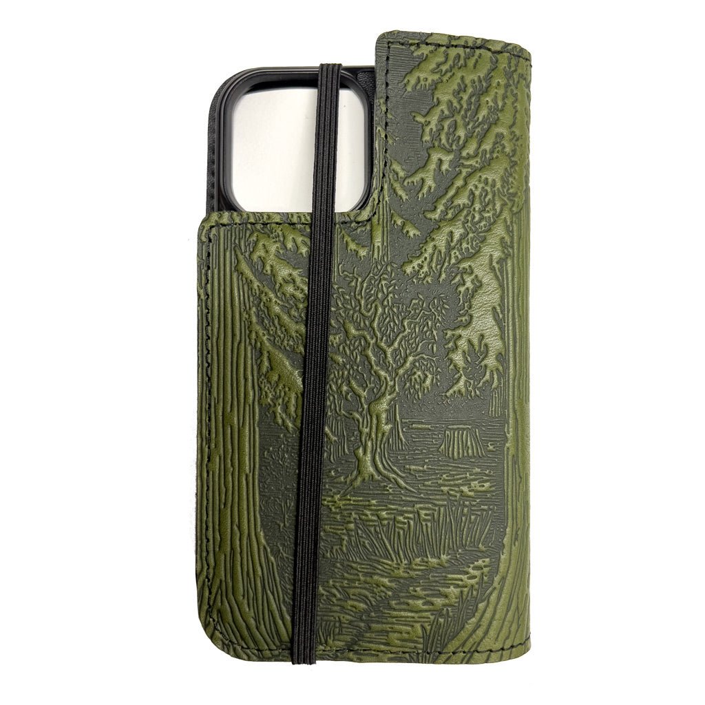 Oberon Design Forest Leather Wallet Folio Case for iPhones, Fern, Back