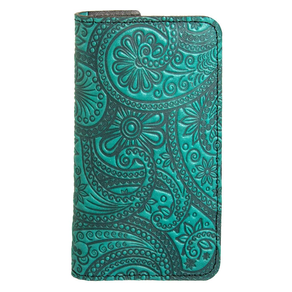Oberon Design Paisley Leather Wallet Folio Case for iPhones,Teal