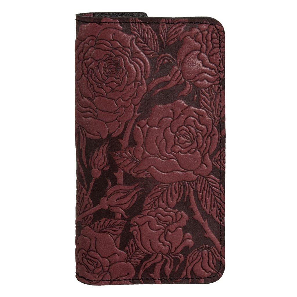 Oberon Design Wild Rose Leather Wallet Folio Case for iPhones, Wine