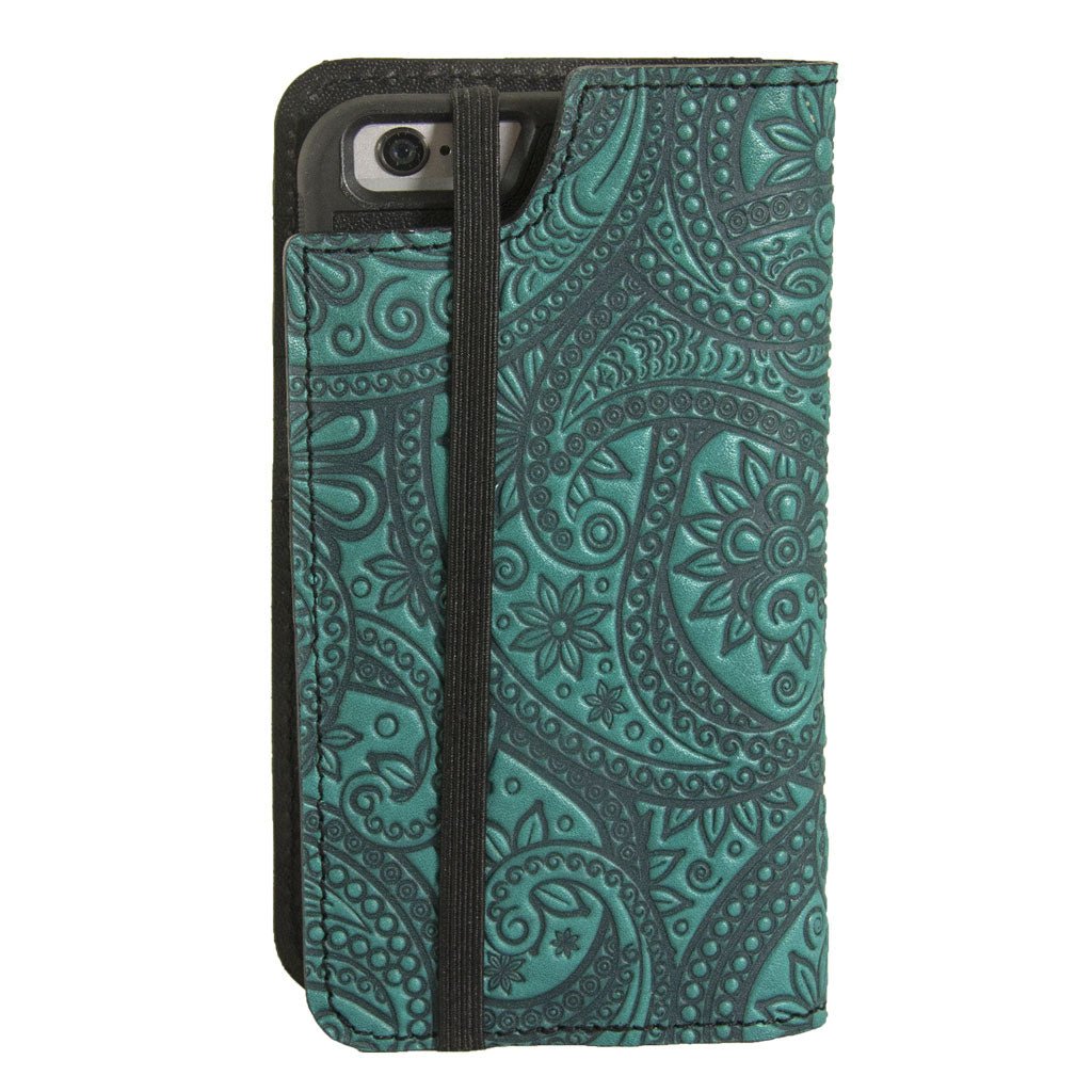 iPhoneSE Wallet Case, Paisley - Teal (Back)
