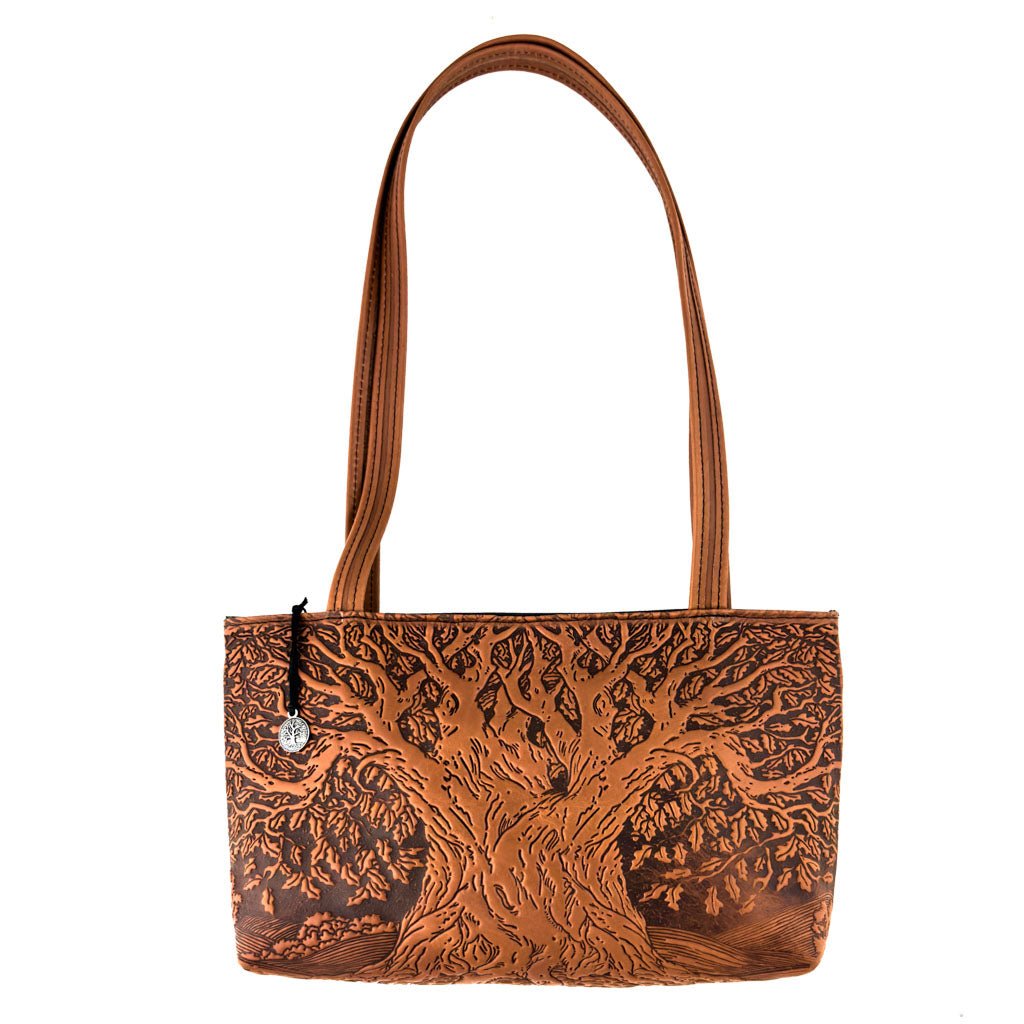 Oberon Design Leather Women&#39;s Handbag, Tree of Life Streamline, Saddle