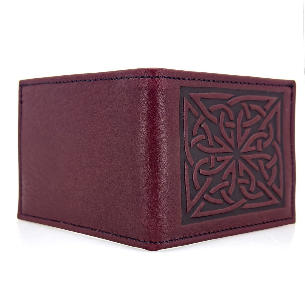 Oberon Design Leather Men&#39;s Wallet, Celtic Weave, Wine - Open
