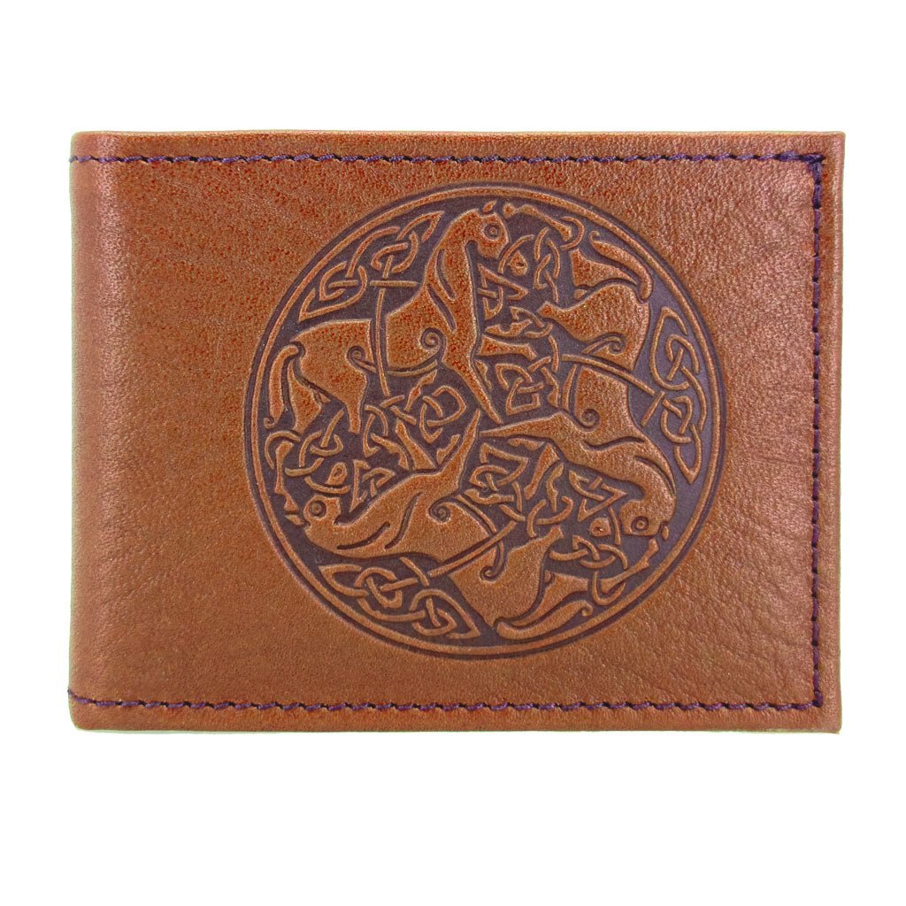 Oberon Design Leather Men&#39;s Wallet, Celtic Horses, Saddle
