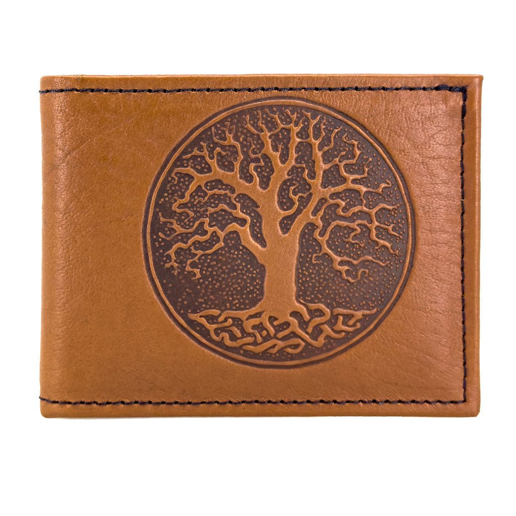 Oberon Design Leather Men's Wallet, Tree of Life, Black