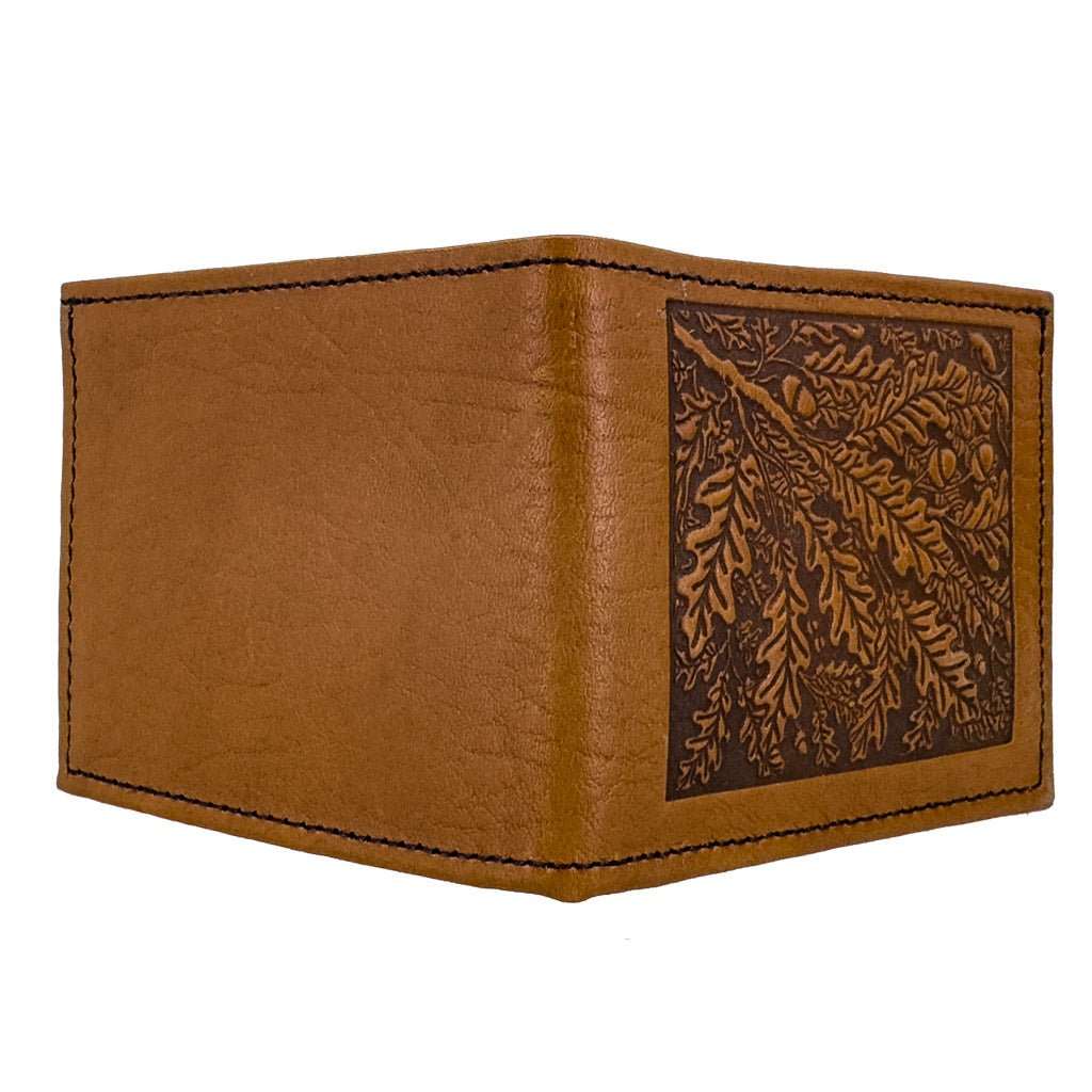 Oberon Design Leather Men&#39;s Wallet, Oak Leaves, Open