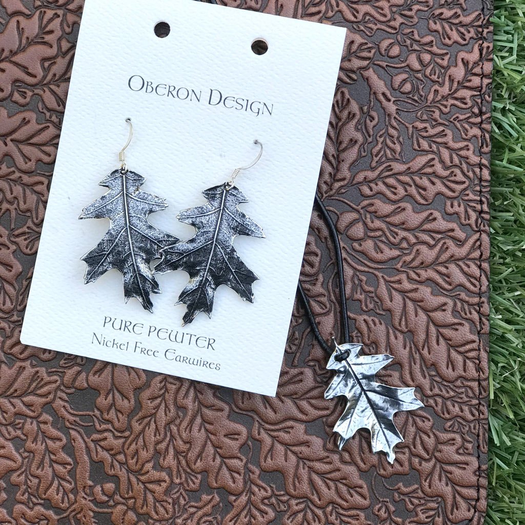 Oberon Design Oak Leaf Jewelry Set, Hand Cast Necklace &amp; Earrings
