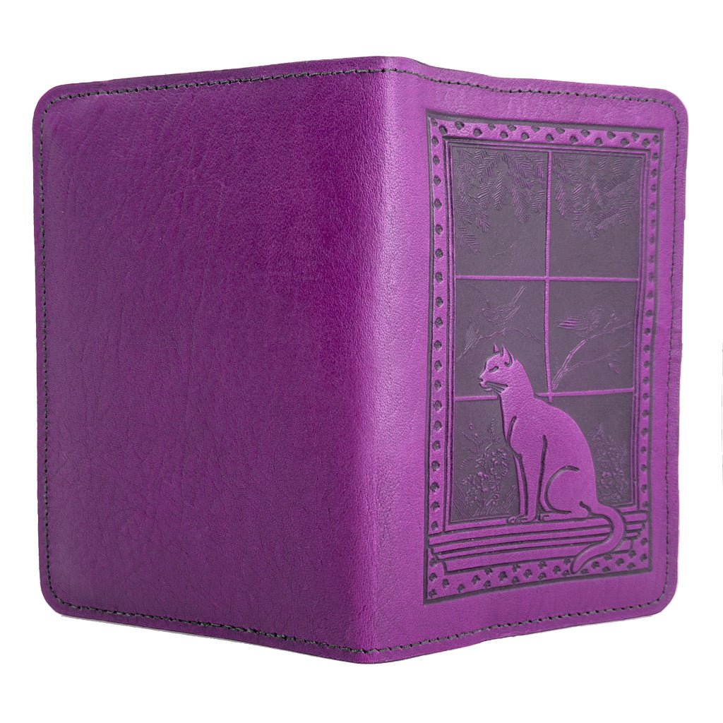 Oberon Design Leather Pocket Notebook Cover, Cat in Window, Orchid - Open