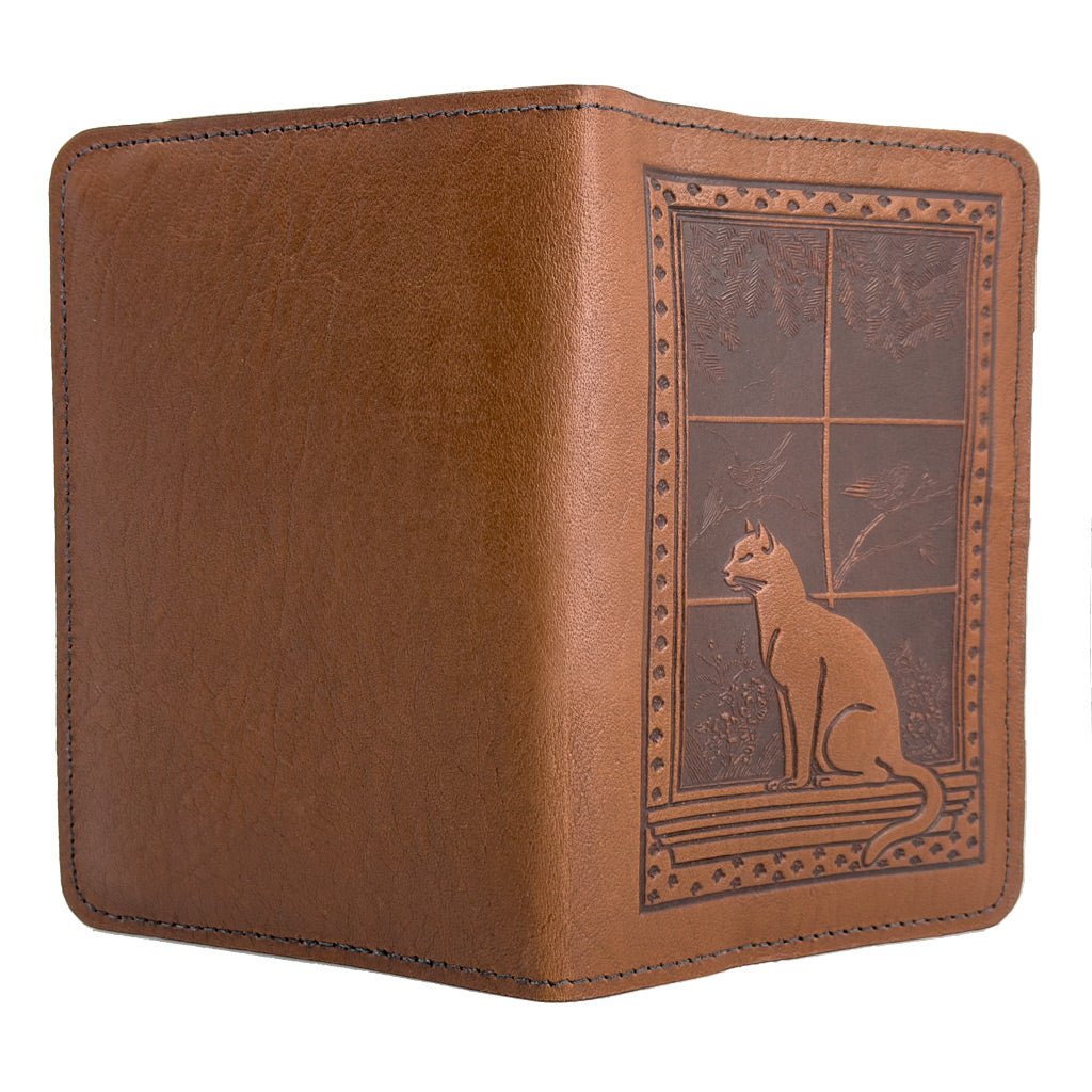 Oberon Design Leather Pocket Notebook Cover, Cat in Window, Saddle - Open