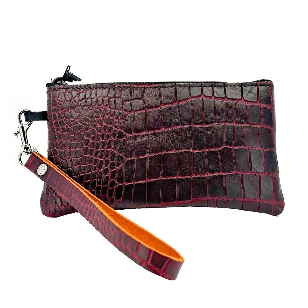 Limited Edition Leather Zip Wristlet Pouch, Wallet, Burgundy Alligator