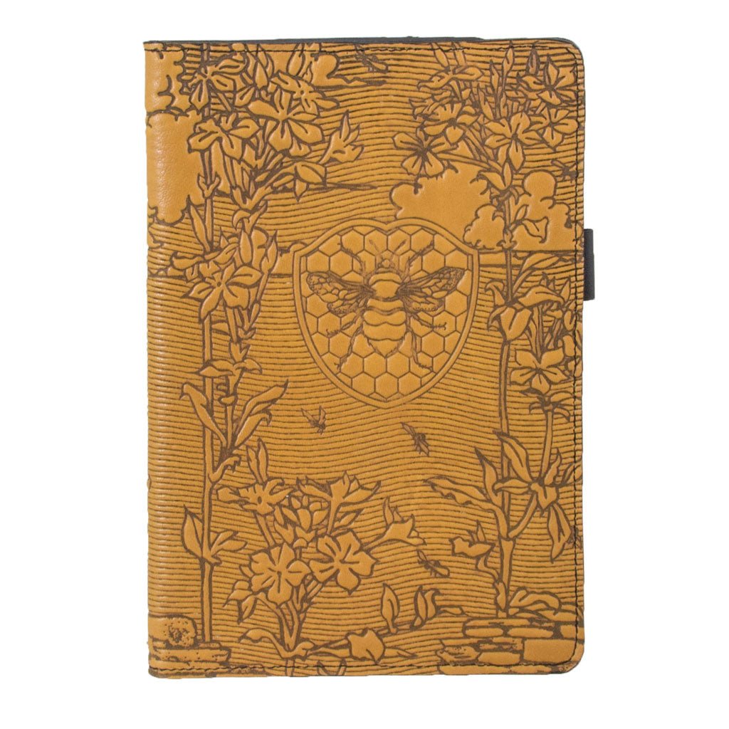 Leather Portfolio with Notepad, Pockets and Pen Holder, Bee Garden, Closed