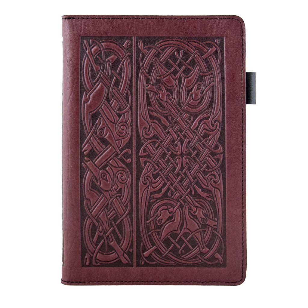 Leather Portfolio with Notepad, Pockets and Pen Holder, Celtic Hounds, Closed