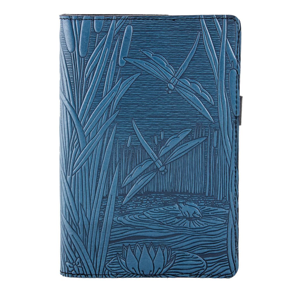 Leather Portfolio with Notepad, Pockets and Pen Holder, Dragonfly Pond, Closed