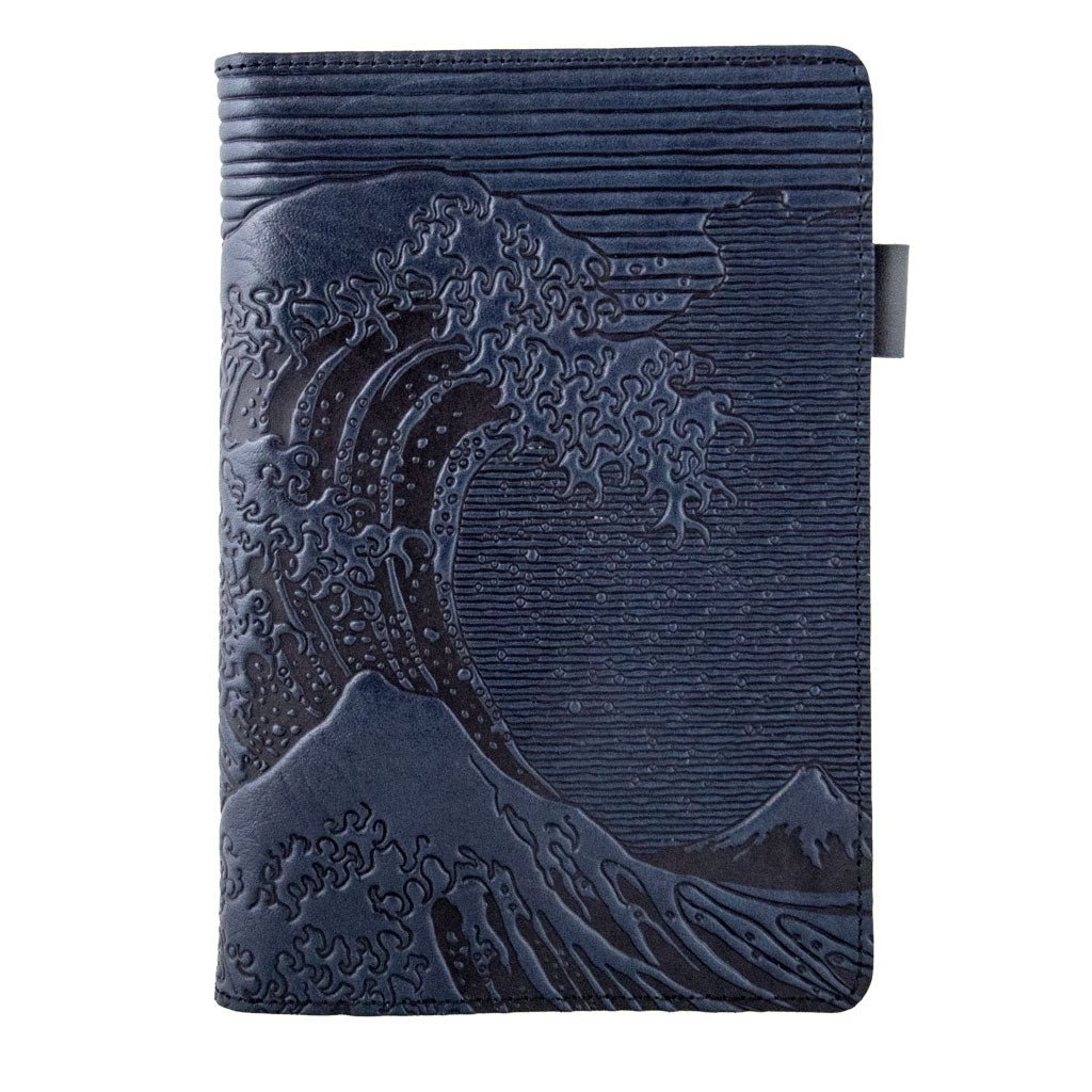 Leather Portfolio with Notepad, Pockets and Pen Holder, Hokusai Wave, Closed