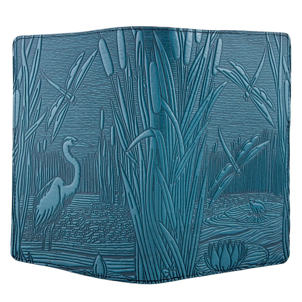 Leather Portfolio with Notepad, Pockets and Pen Holder, Dragonfly Pond, Closed