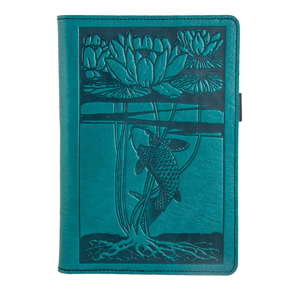 Leather Portfolio with Notepad, Pockets and Pen Holder, Water Lily Koi