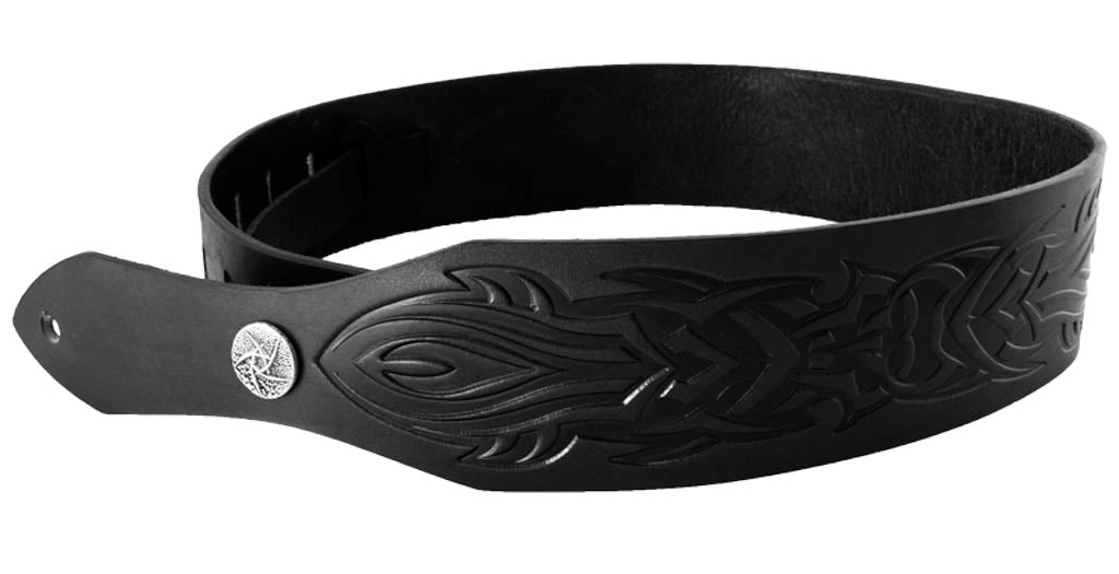 Oberon Design Hand-Crafted Adjustable Leather Guitar Strap, Tribal, Black - Button
