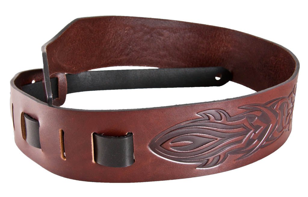 Oberon Design Hand-Crafted Adjustable Leather Guitar Strap, Tribal, Wine - Adjustment