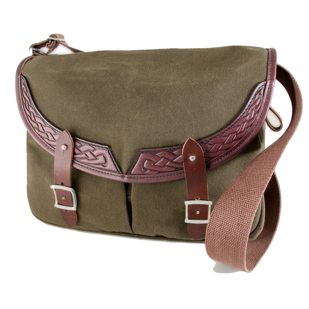 Oberon Design Crosstown Messenger Bag, Waxed Canvas & Leather, Celtic Braid, Tan & Wine