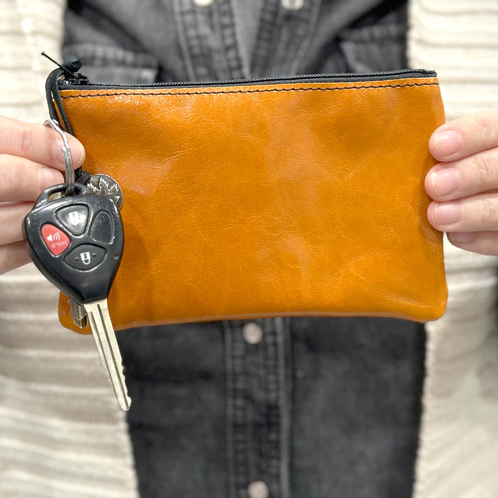 Leather 6 inch Zipper Pouch, Wallet, Coin Purse in Orange, Detail