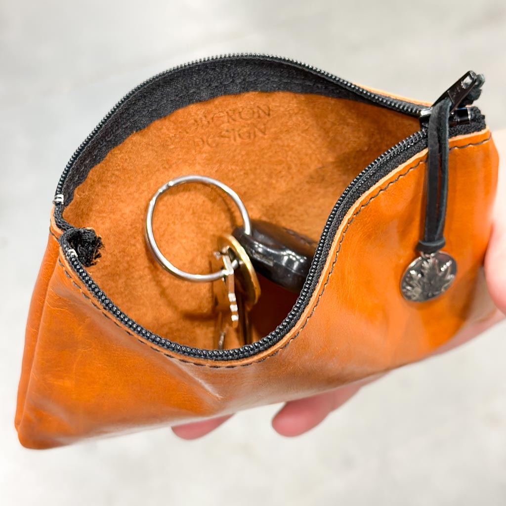 Leather 6 inch Zipper Pouch, Wallet, Coin Purse in Orange, Interior