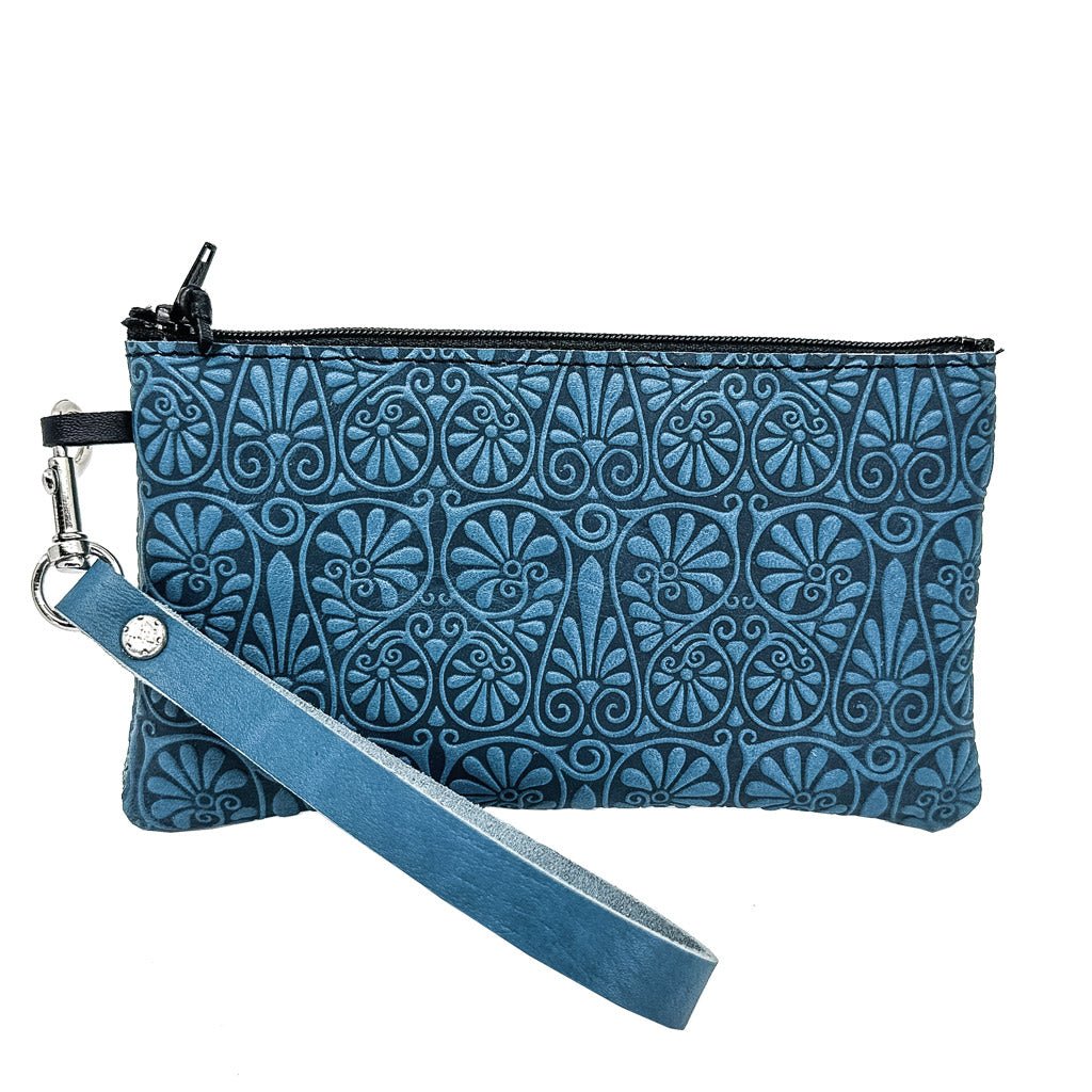 Oberon Design Leather Zip Wristlet Pouch, Wallet, Fan Flower, Blue