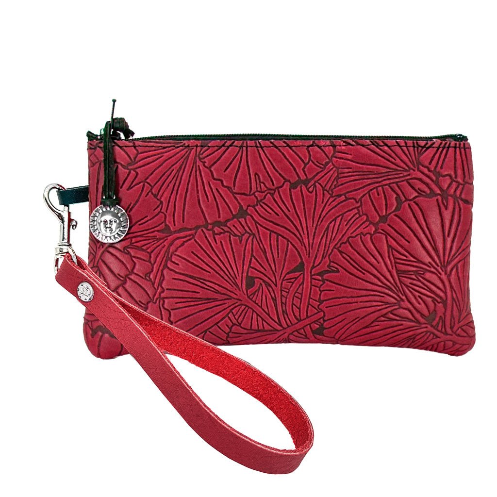Oberon Design Leather Zip Wristlet Pouch, Wallet, Ginkgo, Red