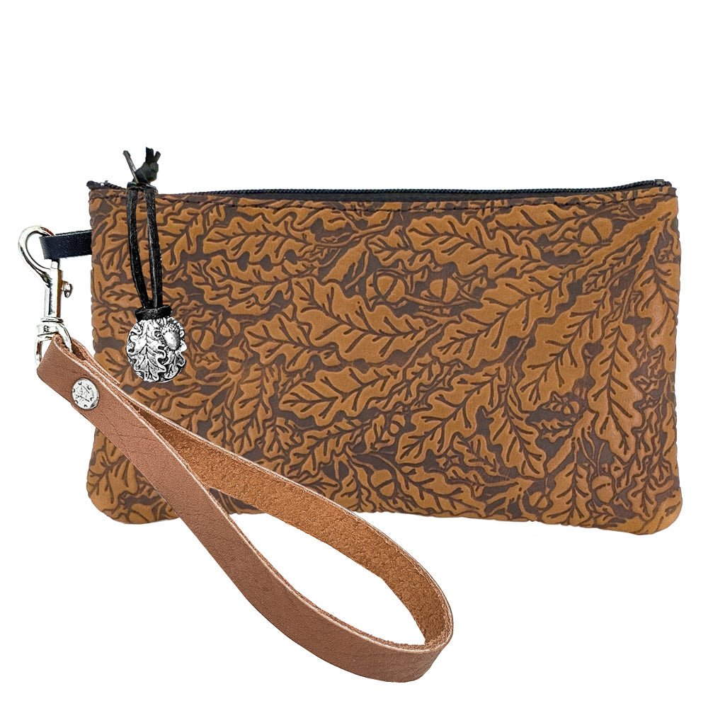Oberon Design Leather Zip Wristlet Pouch, Wallet, Oak Leaves, Saddle