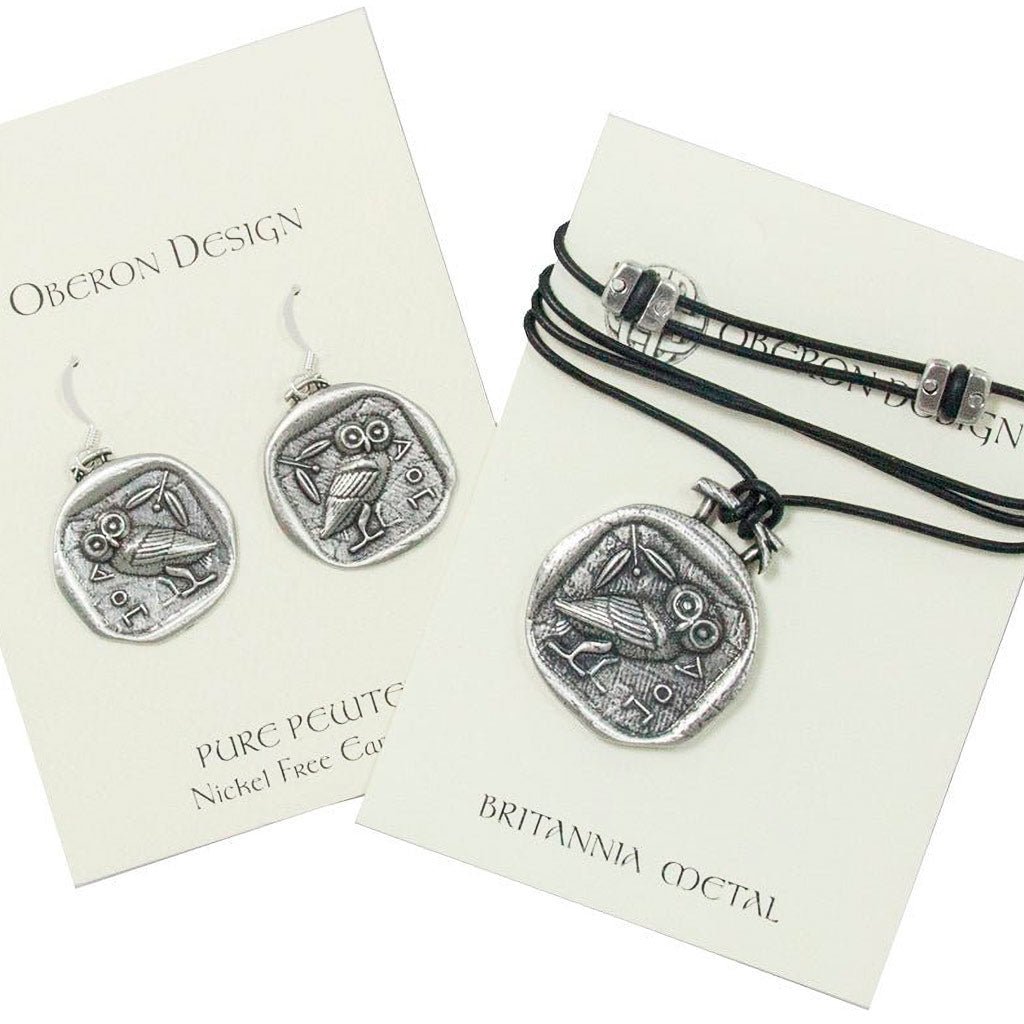 Oberon Design Athena&#39;s Owl Jewelry Set, Necklace &amp; Earrings, Cards