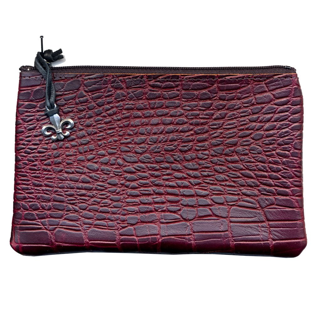 Limited Edition, Leather 6 inch Zipper Pouch, Wallet, Coin Purse, Burgundy Alligator
