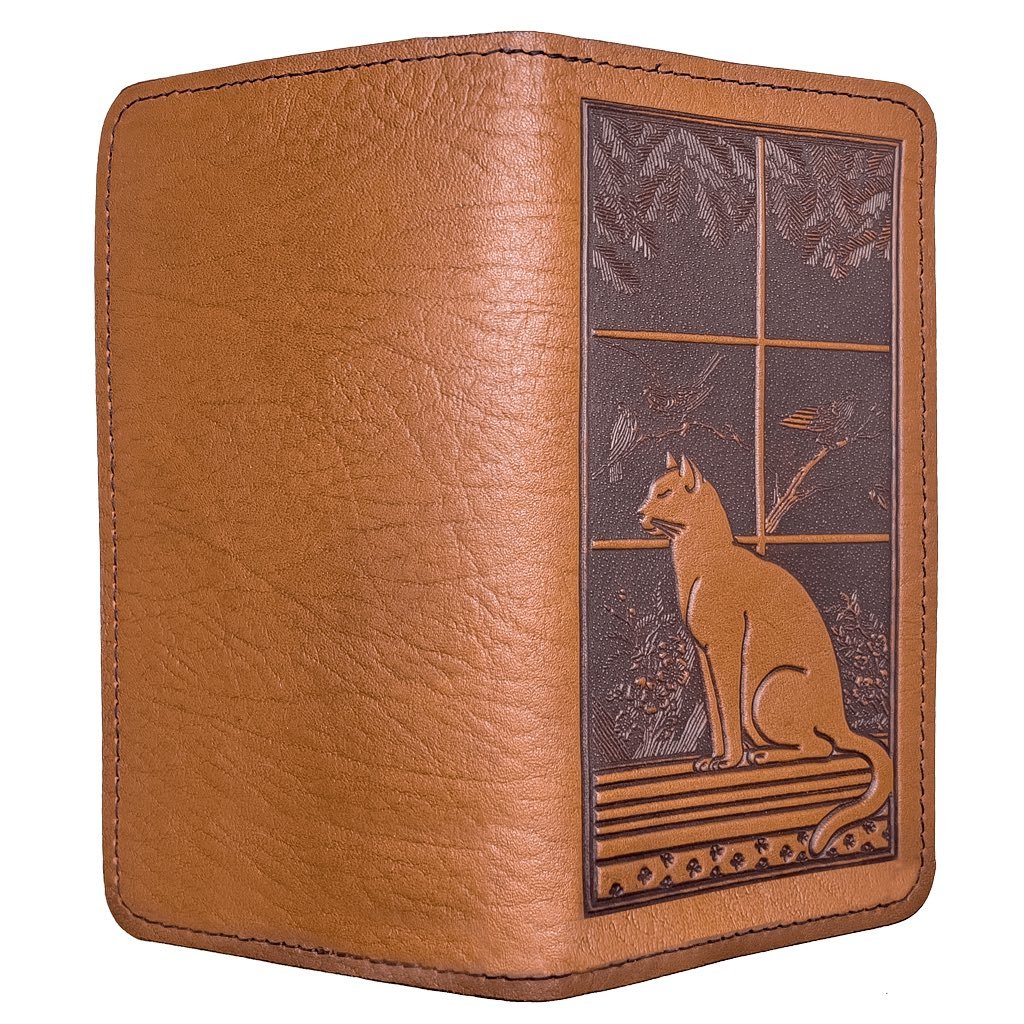 Oberon Design Leather Checkbook Cover, Cat in Window, Saddle-Open
