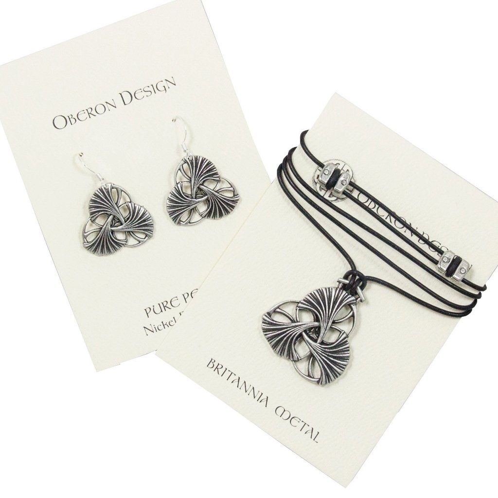 Oberon Design Art Nouveau Ginkgo Jewelry Set, Necklace &amp; Earrings, Cards